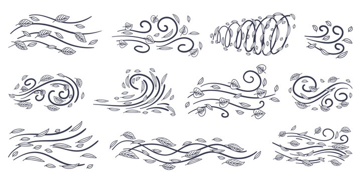 Comics style doodle wind motion line with leaves collection. Autumn seson, black and white color. Hand drawn vector illustration set