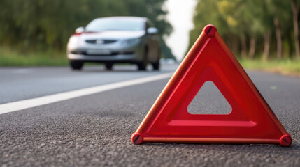 warning triangle on the road, A close up of a red emergency triangle on the road in front of a car after an accident