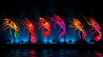 Glowing neon shrimp skewers on a textured wall, the colors capturing the essence of coastal seafood delights.