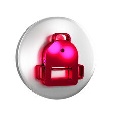 Red School backpack icon isolated on transparent background. Silver circle button.