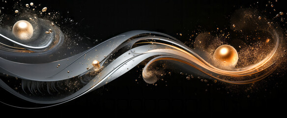 Abstract geometric composition with silver and golden spheres and waves on black background. 3d render