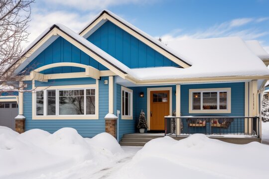 picture of a craftsman home with blue overhanging eaves against a snowy landscape