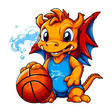 Cute little dragon with basketball ball on white background. Cartoon style. Copy space.