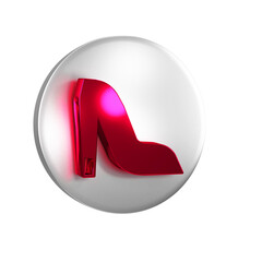 Red Woman shoe with high heel icon isolated on transparent background. Silver circle button.