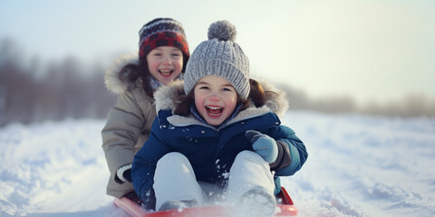 Children slide down hills on sleds. Happy Smiling Kids Sledding down the hill.