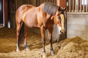 horse with a melting hoof on stable hay