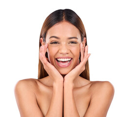 Happy woman, portrait and touch face for skincare, aesthetic glow or clean dermatology isolated on transparent png background. Natural beauty, facial treatment or excited for healthy cosmetic results