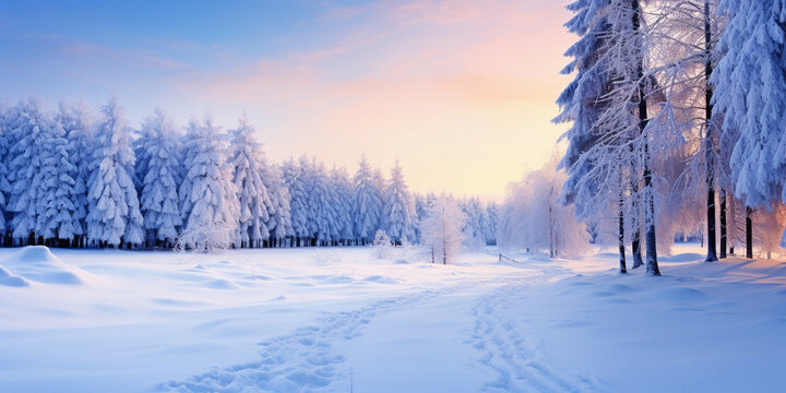 Winter Sunrise in Calming Serene Landscape - Blue Hour Abstract Banner.