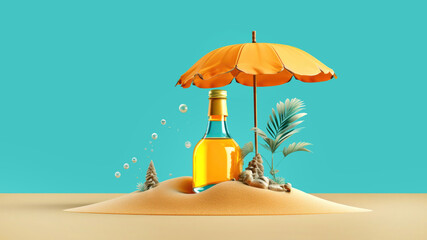 Alcohol awareness month or dry january. Staying dry, orange bottle on a sand under an umbrella. Alcohol Free challenge. No alcohol month creative concept. Copy space, banner