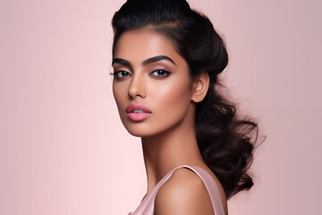 Beautiful Indian woman with pink pastel lips and brown eye shadow on the pink background - obrazy, fototapety, plakaty