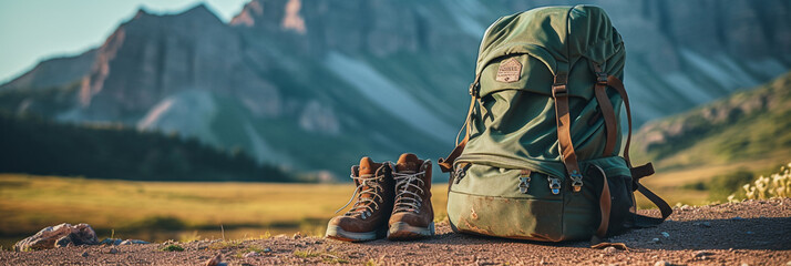 Backpack and hiking boots in autumn mountain or forest