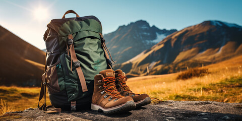 Backpack and hiking boots in autumn mountain or forest - obrazy, fototapety, plakaty