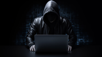 Hacker sitting in front of laptop computer attacking system