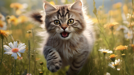 A cat walking in a flower field, looking ahead