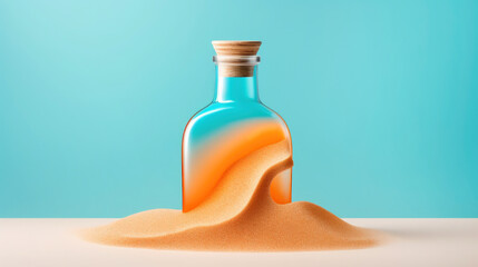 Alcohol awareness month or dry january. Staying dry, orange bottle on a sand under an umbrella. Alcohol Free challenge. No alcohol month creative concept. Copy space, banner