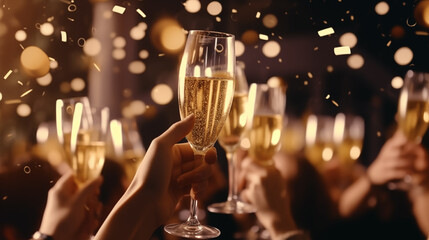 People clink champagne glasses at a party Celebrate a happy Christmas or New Year's party. - obrazy, fototapety, plakaty