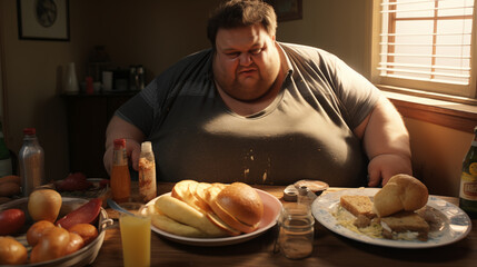 Fat man sitting and eating food on the table - obrazy, fototapety, plakaty
