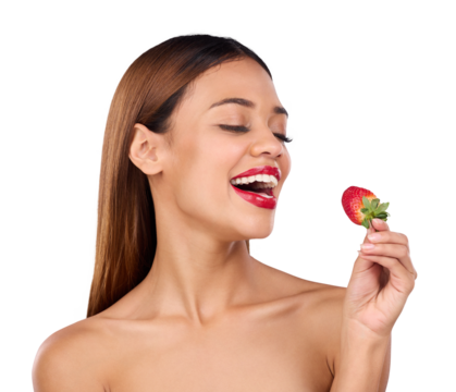 Isolated woman, beauty and strawberry for health, diet and happy by transparent png background. Girl, model and smile with thinking for eating sustainable fruit for nutrition, skincare and lipstick - Powered by Adobe