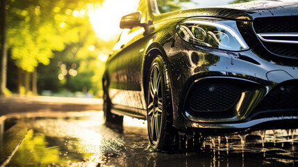 car wash, Close up of washing black car with soap and water outside on a sunny day - obrazy, fototapety, plakaty
