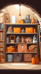 Obraz na płótnie Canvas Storing things in the basement of the house or in a special container room, shelving for things that are rarely used, pantry or storage shed, illustration