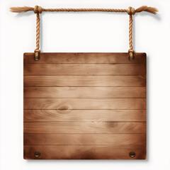 Wooden rustic signboard hanging from a rope, isolated on white background. Wooden sign board hanging on ropes.