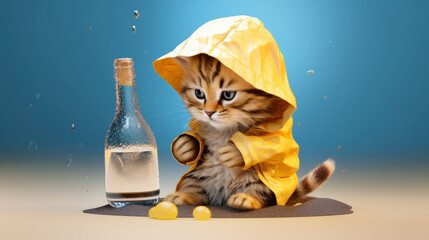 Alcohol awareness month or Dry January. A cute little kitty in a yellow raincoat and a bottle nearby as a symbol of staying dry. Alcohol-Free Challenge. No alcohol creative concept. Copy space, banner