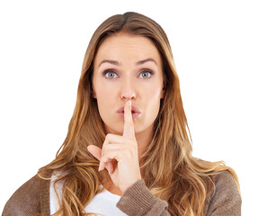Woman, portrait and secret with hand on mouth for gossip isolated on a transparent PNG background....