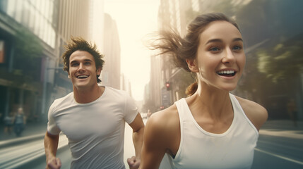 Couple of runners doing training exercises on city streets. - obrazy, fototapety, plakaty