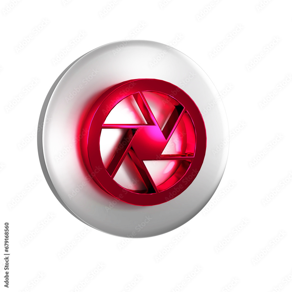 Sticker Red Camera shutter icon isolated on transparent background. Silver circle button.