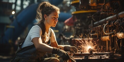 A skilled female worker carries out restoration tasks on a hydrocarbon platform - obrazy, fototapety, plakaty