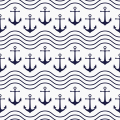 Dark blue anchors and waves on white background. Vector seamless pattern.