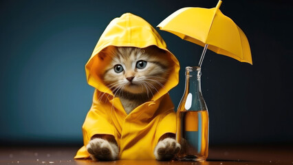 Alcohol awareness month or Dry January. A cute little kitty in a yellow raincoat and a bottle nearby as a symbol of staying dry. Alcohol-Free Challenge. No alcohol creative concept. Copy space, banner - obrazy, fototapety, plakaty