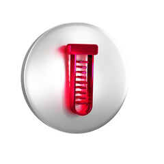 Red Test tube and flask chemical laboratory test icon isolated on transparent background. Laboratory glassware sign. Silver circle button.