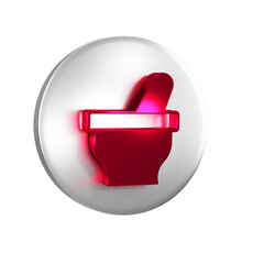 Red Mortar and pestle icon isolated on transparent background. Silver circle button.