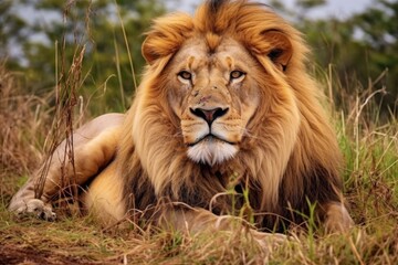 a lion resting on a grassy savannah