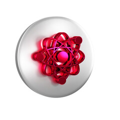Red Atom icon isolated on transparent background. Symbol of science, education, nuclear physics,...