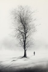Fototapeta na wymiar a man standing alone near a single tree - black and white pencil sketch