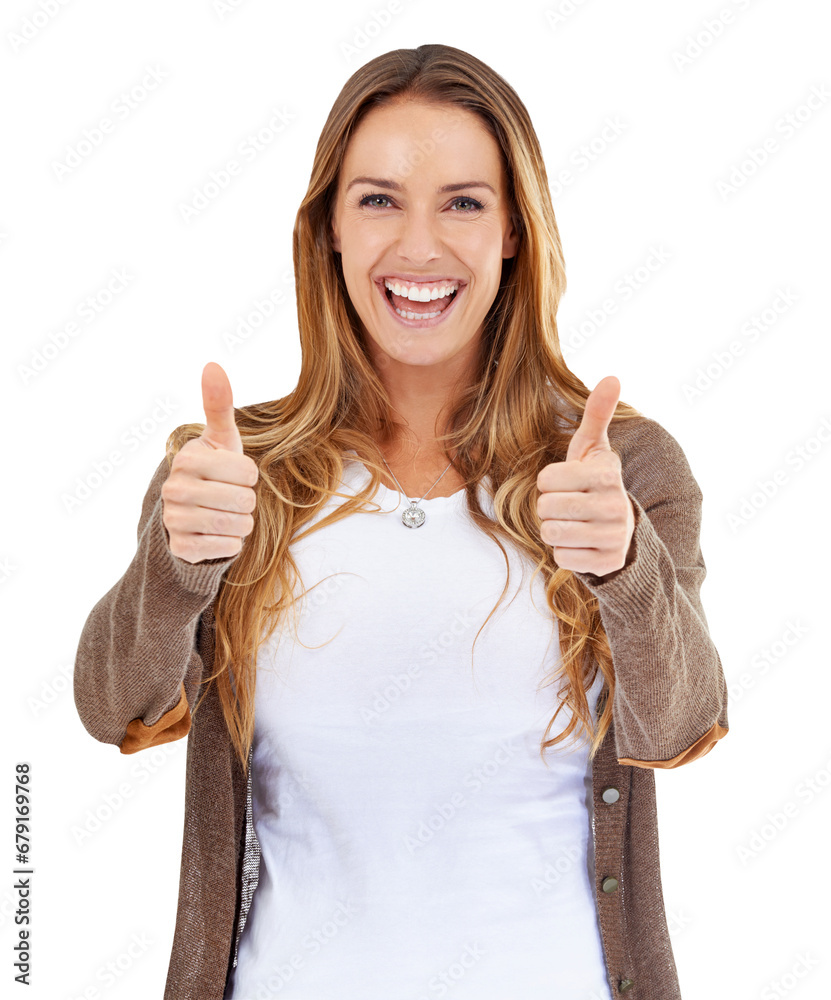 Sticker Happy woman, portrait and thumbs up for good job or winning isolated on a transparent PNG background. Female person or model smile with like emoji, yes sign or OK for approval, success or thank you