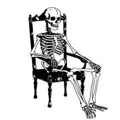 Skeleton Sitting on Chair Vintage Illustration