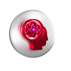 Red Atom icon isolated on transparent background. Symbol of science, education, nuclear physics,...
