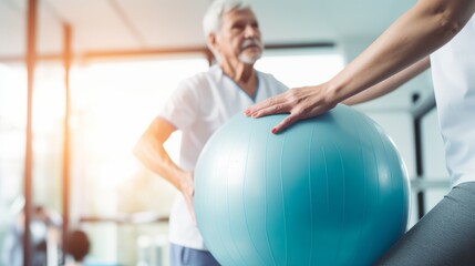 Senior man having rehabilitation at physiotherapist medicine room with physio ball