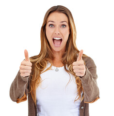 Excited woman, portrait and thumbs up for good job or winning isolated on a transparent PNG...