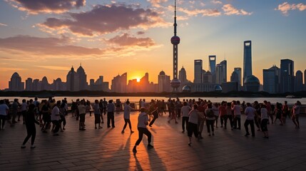 People practice taiji on the bund, oriental pearl tower in the distance, in Shanghai, China