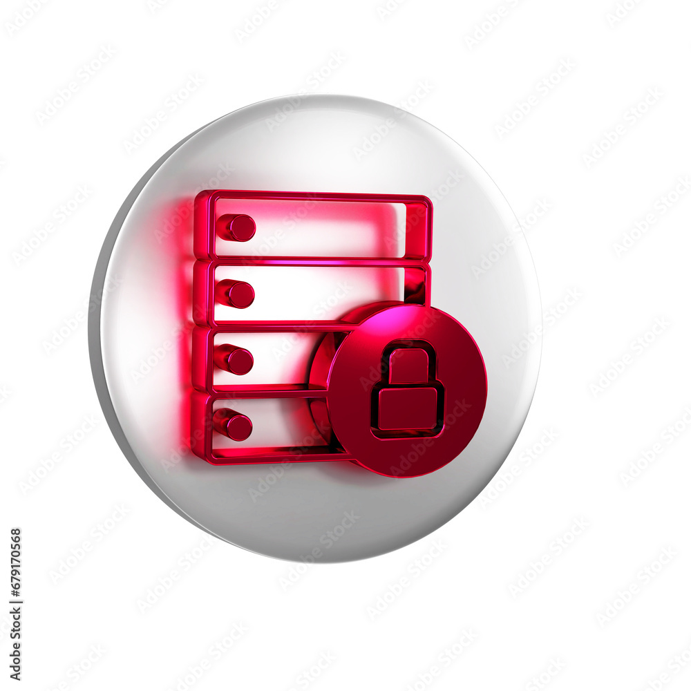 Poster red server security with closed padlock icon isolated on transparent background. database and lock. 