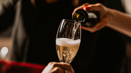 close up Person pouring champagne into glass
