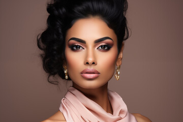 Beautiful Indian woman with pink pastel lips and eye shadow wears earrings on the brown background