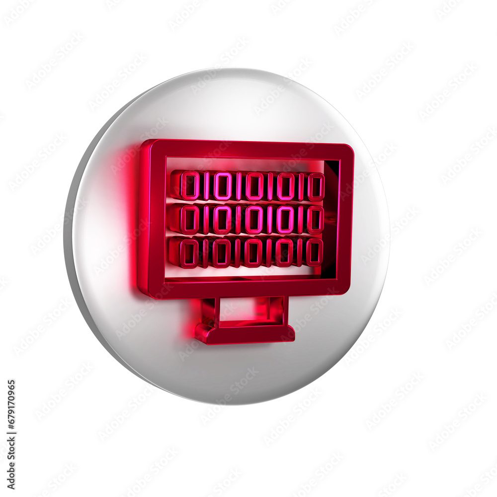 Poster red binary code icon isolated on transparent background. silver circle button.