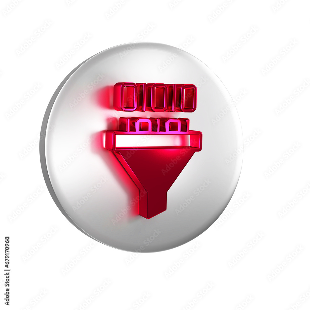 Poster red binary code icon isolated on transparent background. silver circle button.