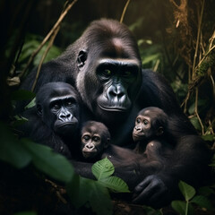Fotografia con detalle de gorila con sus crias, entre vegetación - obrazy, fototapety, plakaty