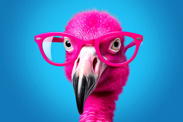 pink flamingo with glasses on blue background